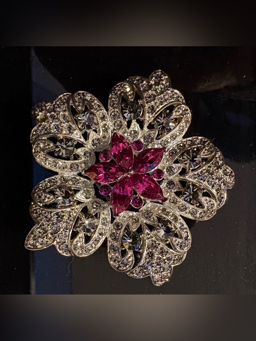 Gorgeous Magenta Marquise Crystal Corsage Brooch | Silver-Tone Openwork Filigree
